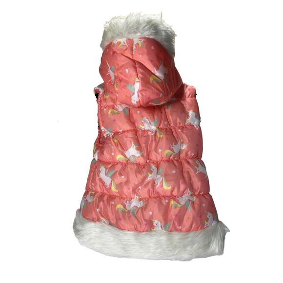 LITTLE LASS PINK Unicorn Puffer Vest Hood Faux Fur Toggles Zip Up Girls 5T - Picture 2 of 6